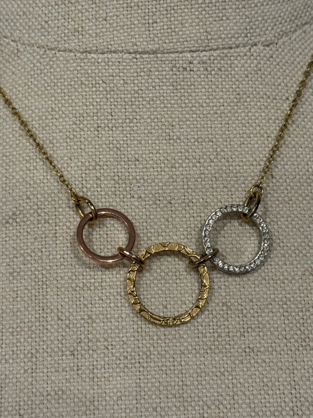 COACH Tri-Tone Linked Circle Necklace - Gold, Silver & Rose - Picture 3 of 3